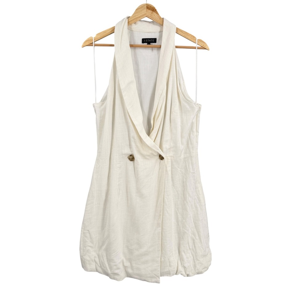 1.STATE Mini Dress Size Medium White Linen Blend Double Breasted Bubble Hem